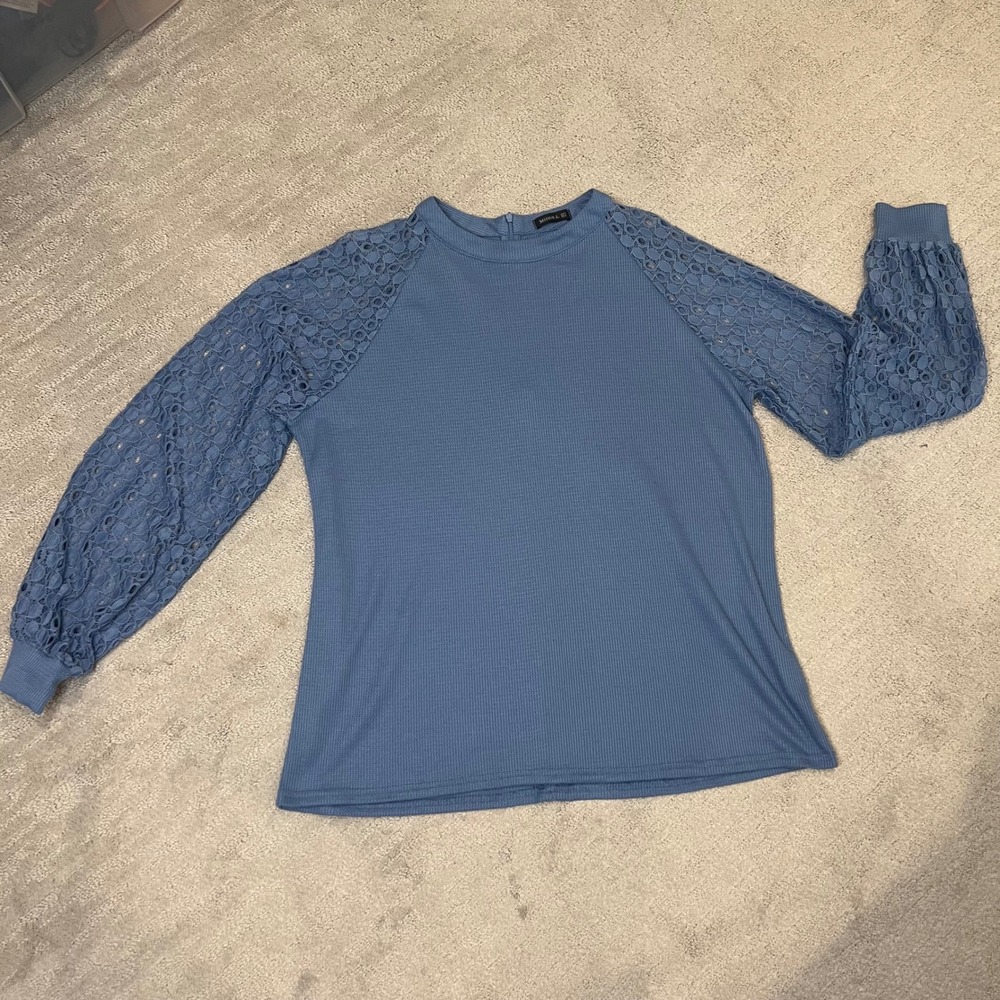 Miholl Lace Sleeve Top Blouse Waffle Knit Long Lace‎ Sleeve Dusty Blue XL